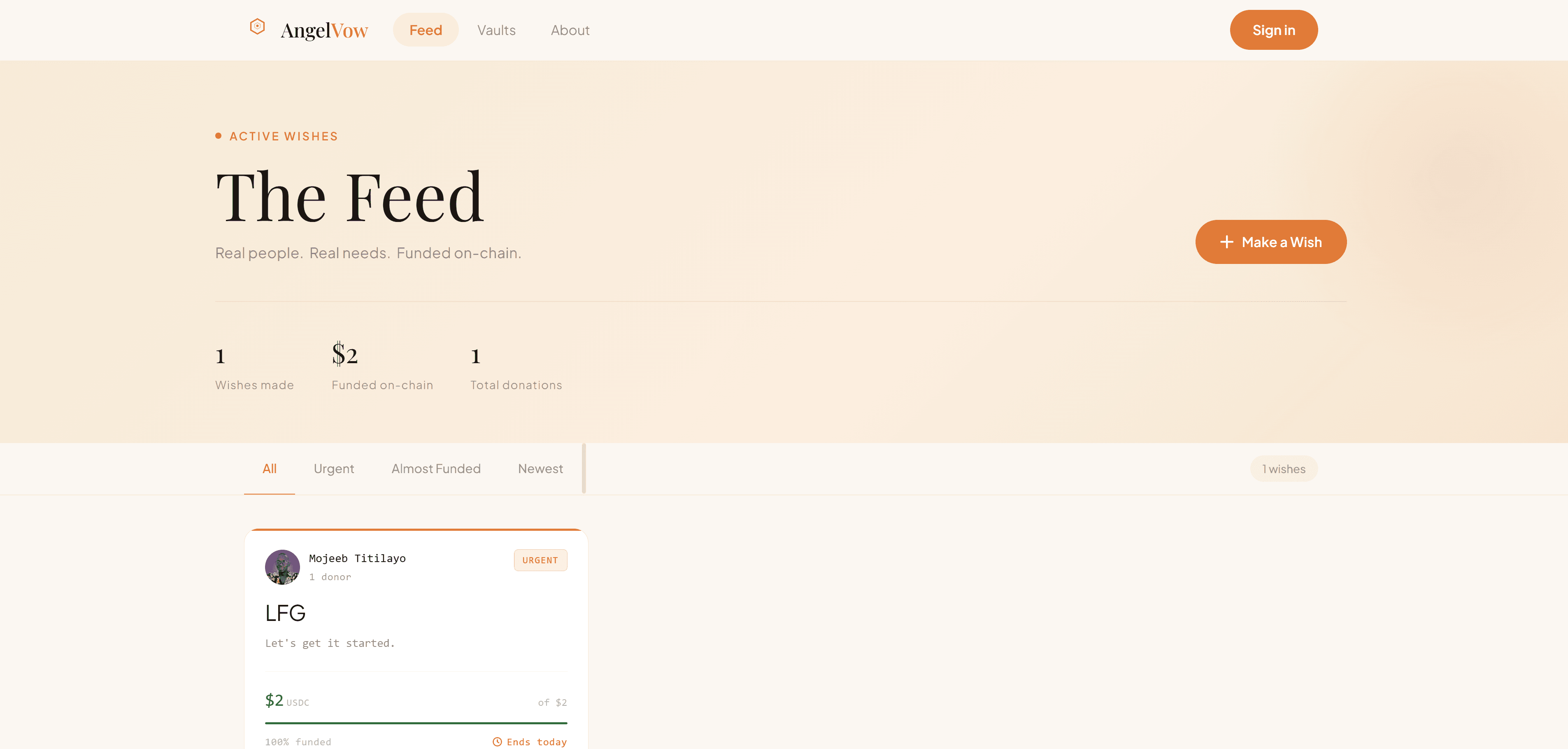 AngelVow product screen
